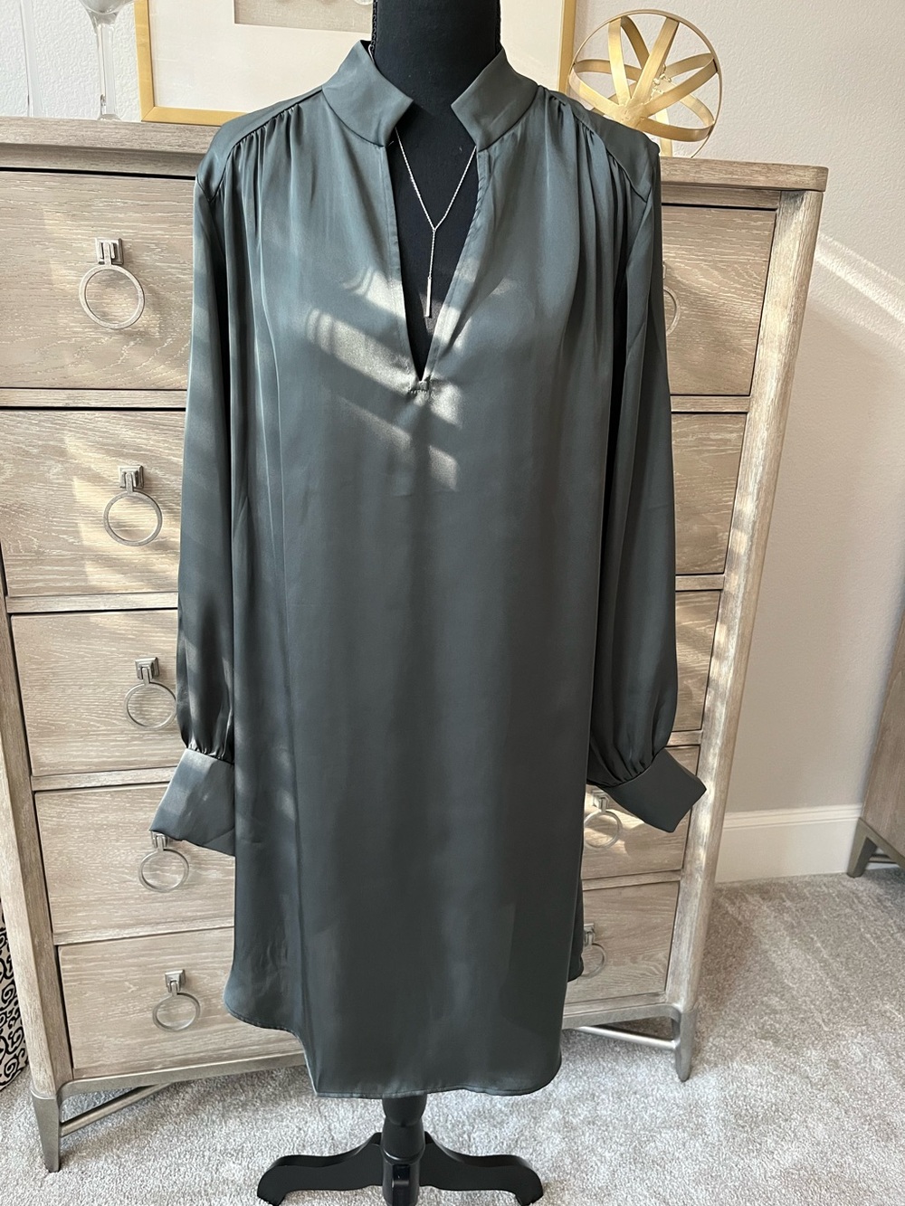 H&M Silky Satin Shift Dress Gray/Green Long Sleeve Deep V Neck Loose Fit Small